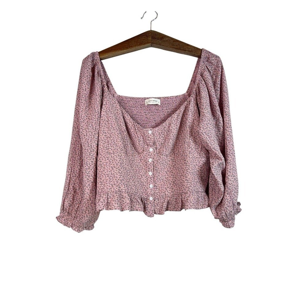 Lucky Brand Floral Smocked Peasant Blouse Pink XL Cottagecore Boho Top Hippie